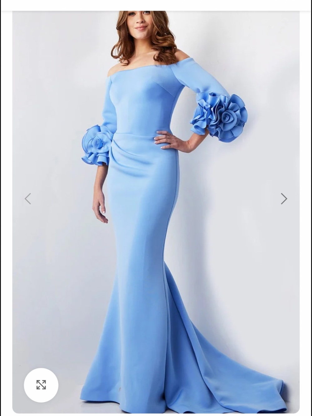 Jovani Light Blue Off-Shoulder Mermaid Gown with Floral Sleeve Rosettes